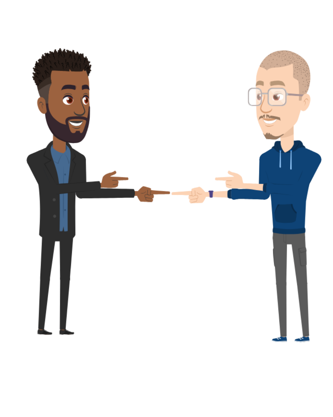 Alex and Hari pointing to each other transparent